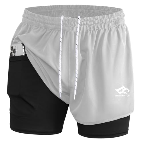 LORSPORTCH Herren Laufshorts 2 in 1 Shorts Gym Athletic Shorts Outdoor Marathon Workout Trainingsshorts Mit Eingebaut Taschen Hellgrau 2XL von LORSPORTCH