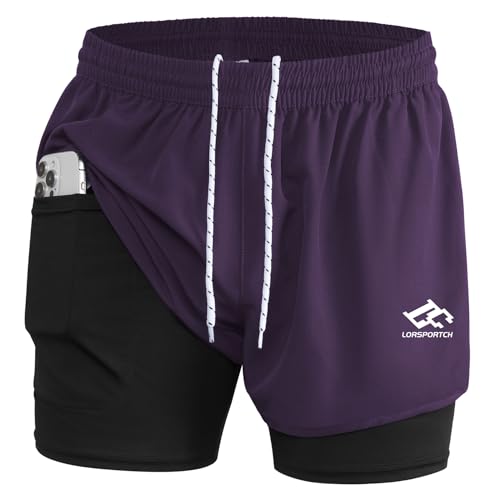 LORSPORTCH Herren Laufshorts 2 in 1 Shorts Gym Athletic Shorts Outdoor Marathon Workout Trainingsshorts Mit Eingebaut Taschen Lila L von LORSPORTCH