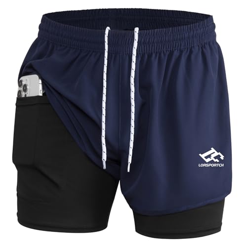 LORSPORTCH Herren Laufshorts 2 in 1 Shorts Gym Athletic Shorts Outdoor Marathon Workout Trainingsshorts Mit Eingebaut Taschen Marineblau-XXL von LORSPORTCH