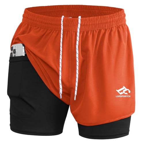 LORSPORTCH Herren Laufshorts 2 in 1 Shorts Gym Athletic Shorts Outdoor Marathon Workout Trainingsshorts Mit Eingebaut Taschen Orange M von LORSPORTCH