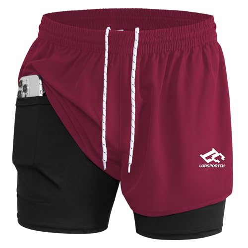 LORSPORTCH Herren Laufshorts 2 in 1 Shorts Gym Athletic Shorts Outdoor Marathon Workout Trainingsshorts Mit Eingebaut Taschen Rot XL von LORSPORTCH