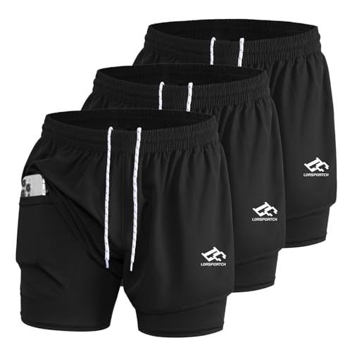 LORSPORTCH Herren Laufshorts 2 in 1 Shorts Gym Athletic Shorts Outdoor Marathon Workout Trainingsshorts Mit Eingebaut Taschen Schwarz 3er Pack M von LORSPORTCH