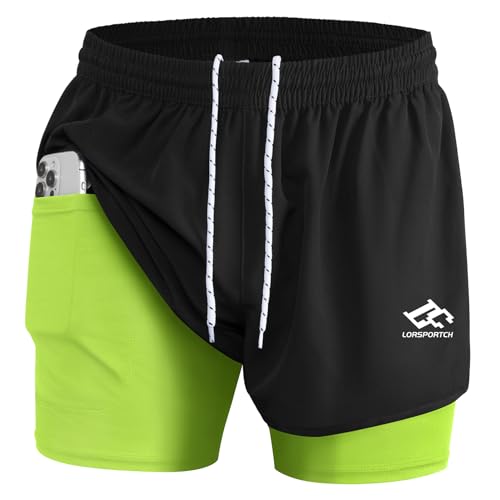 LORSPORTCH Herren Laufshorts 2 in 1 Shorts Gym Athletic Shorts Outdoor Marathon Workout Trainingsshorts Mit Eingebaut Taschen Schwarz Grün 3XL von LORSPORTCH