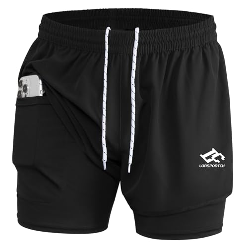 LORSPORTCH Herren Laufshorts 2 in 1 Shorts Gym Athletic Shorts Outdoor Marathon Workout Trainingsshorts Mit Eingebaut Taschen Schwarz-L von LORSPORTCH
