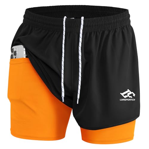 LORSPORTCH Herren Laufshorts 2 in 1 Shorts Gym Athletic Shorts Outdoor Marathon Workout Trainingsshorts Mit Eingebaut Taschen Schwarz Orange 2XL von LORSPORTCH