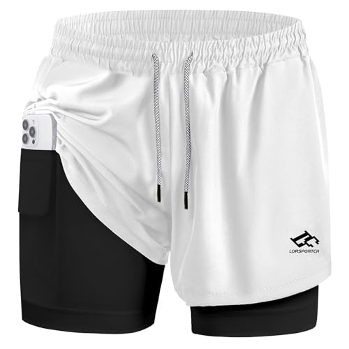 LORSPORTCH Herren Laufshorts 2 in 1 Shorts Gym Athletic Shorts Outdoor Marathon Workout Trainingsshorts Mit Eingebaut Taschen Weiß L von LORSPORTCH