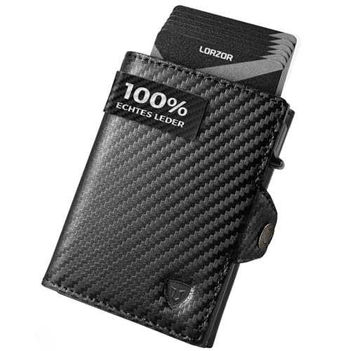 LORZOR® Slim Wallet mit Münzfach, Geldbörse Herren echtem Leder, RFID Blocker Portemonnaie, Portmonee Herren Kartenetui mit Münzfach, Geldbeutel für 10 Karten, Smart Wallet (Carbon schwarz) von LORZOR