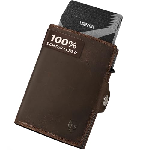 LORZOR® Slim Wallet mit Münzfach, Geldbörse Herren echtem Leder, RFID Blocker Portemonnaie, Portmonee Herren Kartenetui mit Münzfach, Geldbeutel für 10 Karten, Smart Wallet (Mahagoni Braun) von LORZOR