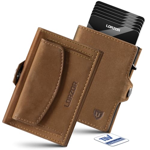 LORZOR Slim Wallet mit XXL-Münzfach für 10+ Münzen, Kartenetui Herren RFID Schutz, Echtleder Portmonee, Geldbörse Herren, Geldbeutel, Brieftasche, Smart Wallet, Kreditkartenetui für 10 Karten von LORZOR