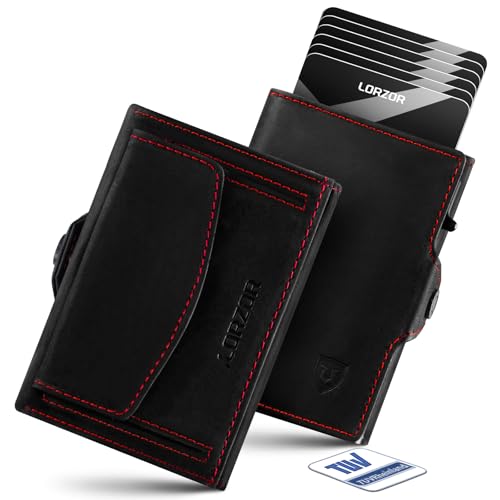 LORZOR Slim Wallet mit XXL-Münzfach für 10+ Münzen, Kartenetui Herren RFID Schutz, Echtleder Portmonee, Geldbörse Herren, Geldbeutel, Brieftasche, Smart Wallet, Kreditkartenetui für 10 Karten von LORZOR
