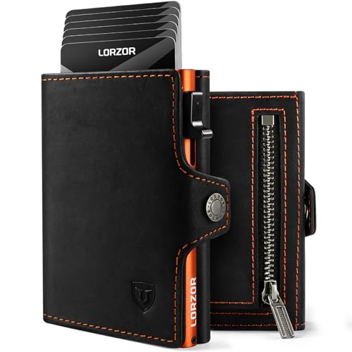 LORZOR® Slim Wallet mit Münzfach, Geldbörse aus Echtem Leder für Herren, RFID Blocker Portemonnaie, Kartenetui, Geldbeutel für 10 Karten, Smart Wallet (Orange) von LORZOR