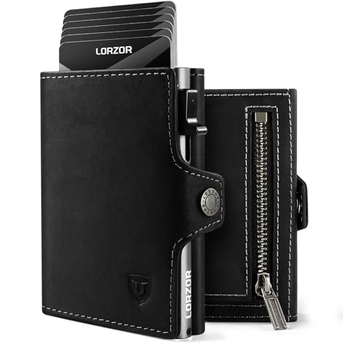 LORZOR® Slim Wallet mit Münzfach, Geldbörse aus Echtem Leder für Herren, RFID Blocker Portemonnaie, Kartenetui, Geldbeutel für 10 Karten, Smart Wallet (Schwarz Silber) von LORZOR