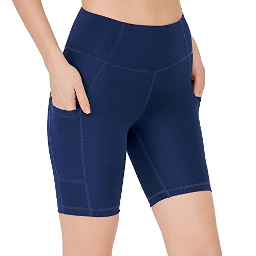 LOS OJOS Radlerhose Damen - Laufhosen kurz für mit Taschen - hoch taillierte Biker - Yoga- und Laufshorts, Biker Shades, True Navy, XS von LOS OJOS