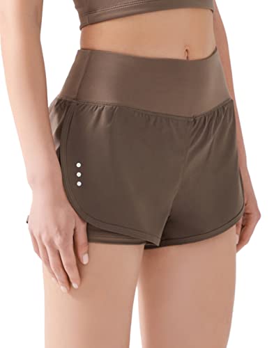 LOS OJOS Sport Shorts Damen - 2 in 1 Workout Shorts - Yoga Shorts für Frauen mit Taschen für Yoga, Laufen und Training, Khaki, L von LOS OJOS