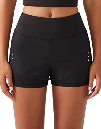 LOS OJOS Sport Shorts Damen - 2 in 1 Workout Shorts - Yoga Shorts für Frauen mit Taschen für Yoga, Laufen und Training, Schwarz, XL von LOS OJOS