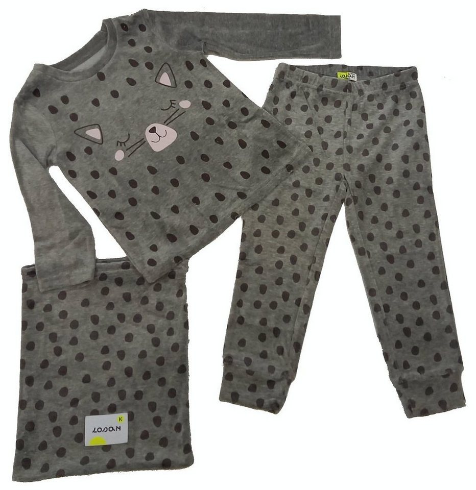 LOSAN Pyjama Losan Mädchen Samt Schlafanzug lang Pyjama Katze Punkte Grey Melange (3 tlg) von LOSAN