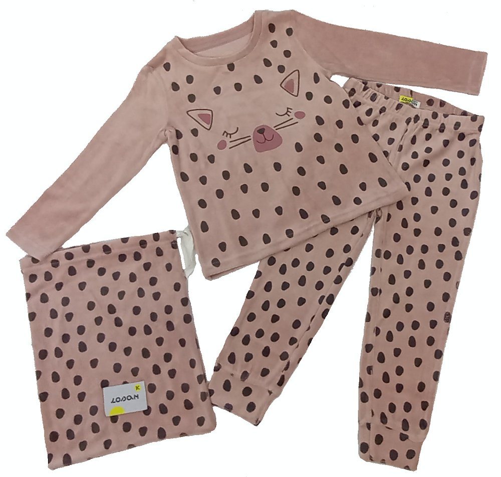 LOSAN Pyjama Losan Mädchen Samt Schlafanzug lang Pyjama Katze Punkte Light pink (3 tlg) von LOSAN
