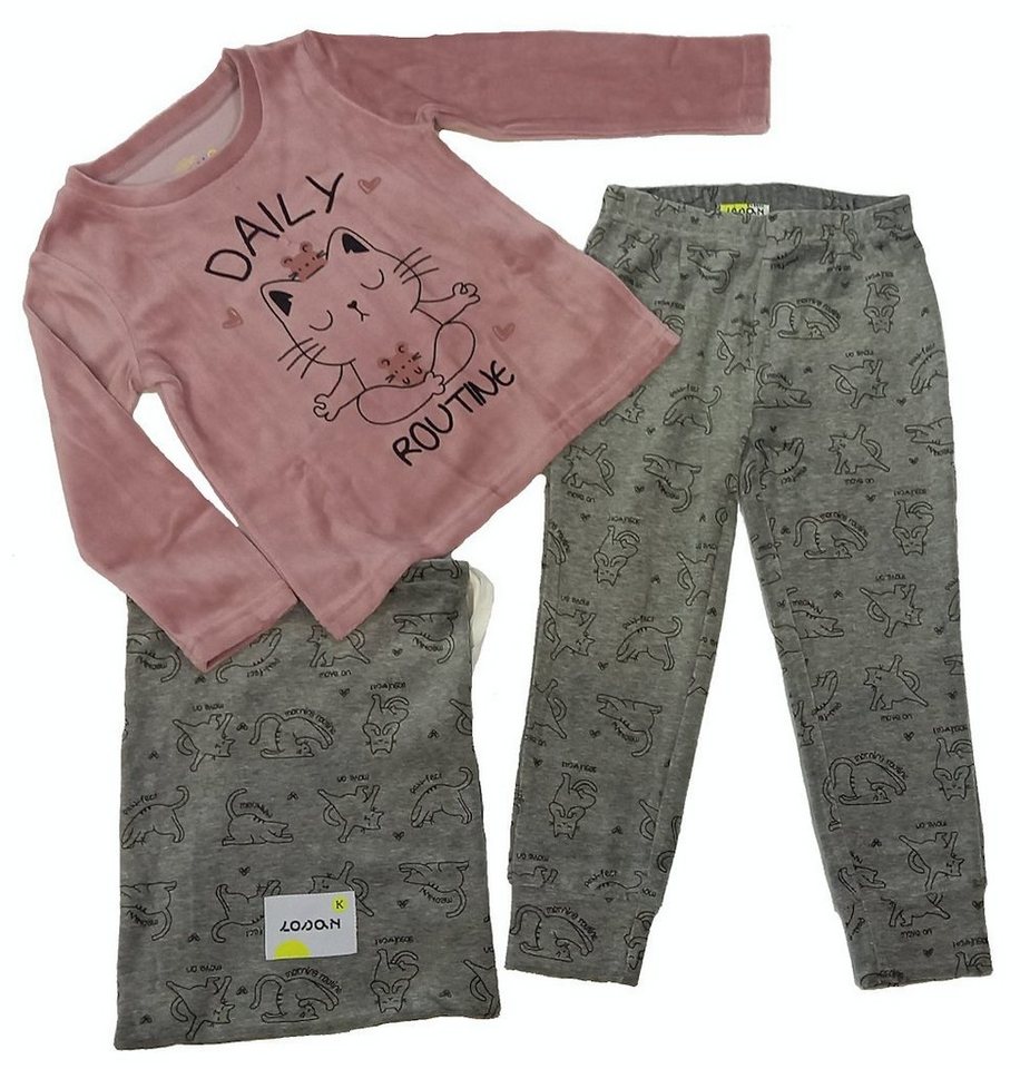 LOSAN Pyjama Losan Mädchen Samt Schlafanzug lang Pyjama Katzenyoga light pink grau (3 tlg) von LOSAN