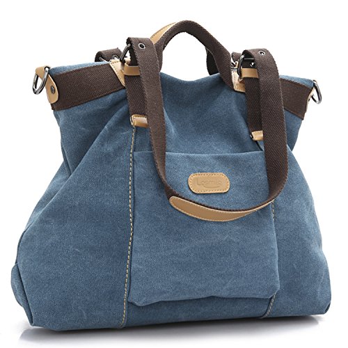 LOSMILE Damen Canvas Schultertasche Rucksack Groß,Handtasche Vintage umhängetasche Anti Diebstahl Tasche,Hobo Tasche für Alltag Büro Schule Ausflug Einkauf. (Blau) von LOSMILE