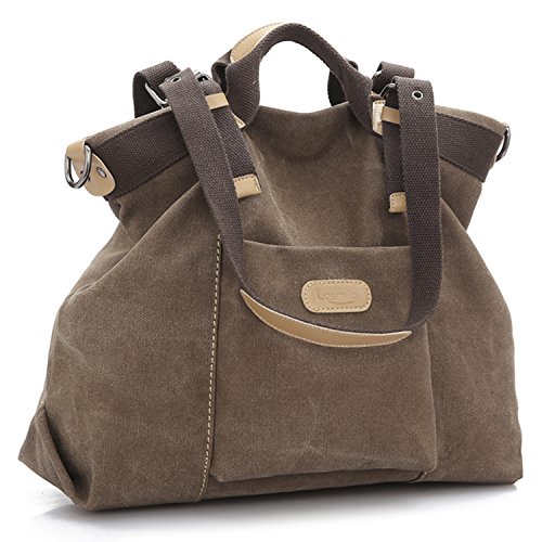 LOSMILE Damen Canvas Schultertasche Rucksack Groß,Handtasche Vintage umhängetasche Anti Diebstahl Tasche,Hobo Tasche für Alltag Büro Schule Ausflug Einkauf. (Kaffee) von LOSMILE