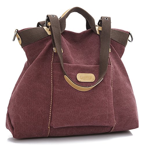 LOSMILE Damen Canvas Schultertasche Rucksack Groß,Handtasche Vintage umhängetasche Anti Diebstahl Tasche,Hobo Tasche für Alltag Büro Schule Ausflug Einkauf. (Rotwein) von LOSMILE