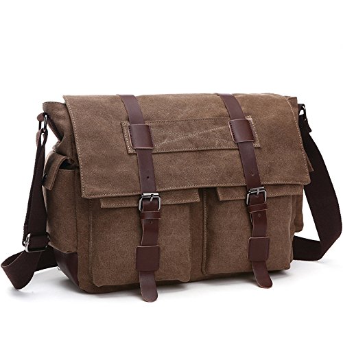 LOSMILE Herren Umhängetasche Schultertasche 16 Zoll Kuriertasche Canvas Laptop Tasche Messenger Bag für Arbeit und Schule. (L, kaffeebraun) von LOSMILE