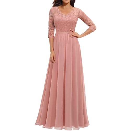 Abendkleid Damen Lang ,Abendkleider Elegant für Hochzeit,Cocktailkleid Damen Spitzen Ballkleider Partykleid Maxi Kleider für Frauen Spitzenkleid Chiffon Brautjungfernkleider Halben Ärmeln Maxikleid von LOSSLO