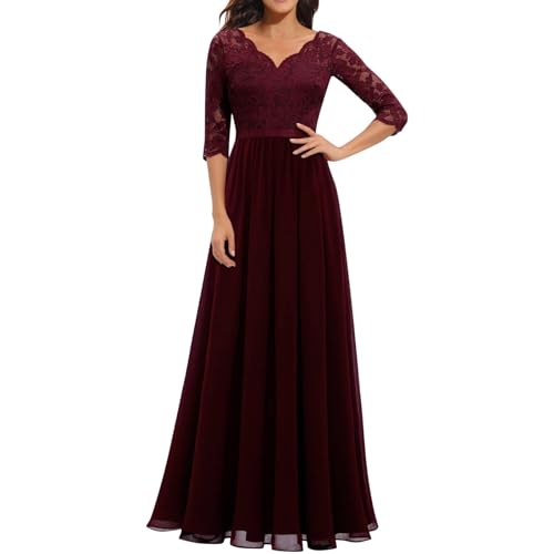 Abendkleid Damen Lang ,Abendkleider Elegant für Hochzeit,Cocktailkleid Damen Spitzen Ballkleider Partykleid Maxi Kleider für Frauen Spitzenkleid Chiffon Brautjungfernkleider Halben Ärmeln Maxikleid von LOSSLO