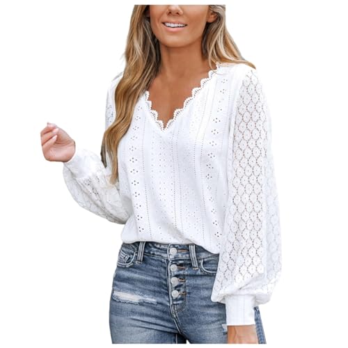 Bluse Damen Elegant Spitzenbluse Langarm Spitzen Oberteile V Ausschnitt Blusen Cut Out Oberteil Modernem Laternenärmel Hemdbluse Luftig Damenblusen Einfarbig Hemd Blusenshirt Bluse Damen Elegant Spitzenbluse Langarm Spitzen Oberteile V Ausschnitt Blusen Cut Out Oberteil Modernem Laternenärmel Hemdbluse Luftig Damenblusen Einfarbig Hemd Blusenshirt von LOSSLO