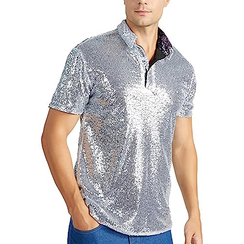 Disco Hemd Herren 70er,Pailletten Kleid Hemd Kurzarm Metallic Glänzend Anzug Lose Discs Schlagermove Party Shirt Mode Disco-Hemd Männer 80er Jahre Kleidung Mottoparty Nachtklub Karneval Kostüm von LOSSLO