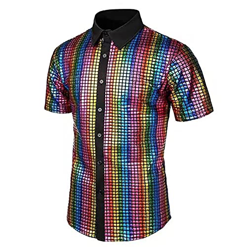 Disco Hemd Herren 70er ,Pailletten Kleid Hemd Kurzarm Metallic Glänzend Anzug Slim Glitzer Discs Schlagermove Party Shirt Disco-Hemd Männer 80er Jahre kleidung Mottoparty Nachtklub Karneval Kostüm von LOSSLO