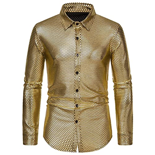 Disco Hemd Herren 70er,Pailletten Kleid Hemd Langarm Metallic Glänzend Anzug Glitzer Bronzing Discs Schlagermove Party Shirt Disco-Hemd Männer 80er Jahre Kleidung Mottoparty Karneval Kostüm von LOSSLO