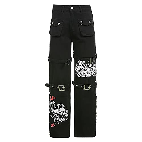 Gothic Hose Damen Schwarz ,Punk Hose Damen,Jeanshose Damen High Waist Cargohose Baggy Steampunk Retro Mittelalter Hose Jeans Lose Cargo Hosen Track Pants Streetwear Party Halloween Karneval Kleidung von LOSSLO