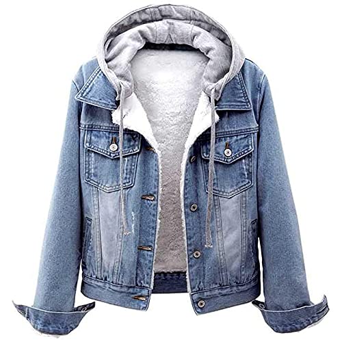 Jeansjacke Damen Winter ,Gefütterte Jeansjacke Damen,Winterjacke Damen mit Kapuze Denim Jacket Jeans Jacke mit Fell Dicke Fleecejacke Jeansmantel Warm Teddy-Fleece Mantel Wintermantel Kapuzenjacke von LOSSLO
