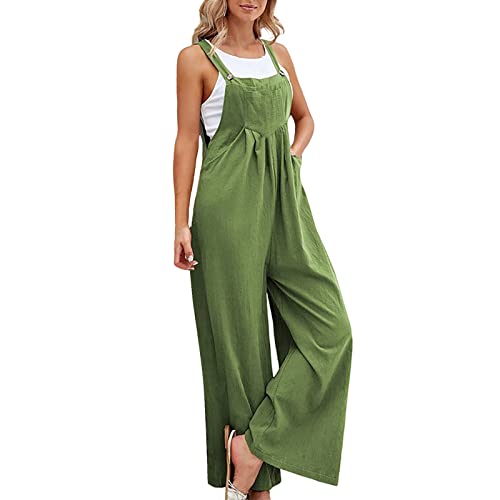 Jumpsuits Damen Sommer Elegant, Weite Bein Baggy Latzhose Damen,Einfarbiger Overall Damen Ärmellos Playsuits mit Taschen und Knöpfen Casual Einteiler Romper Strampler Locker Lässig von LOSSLO