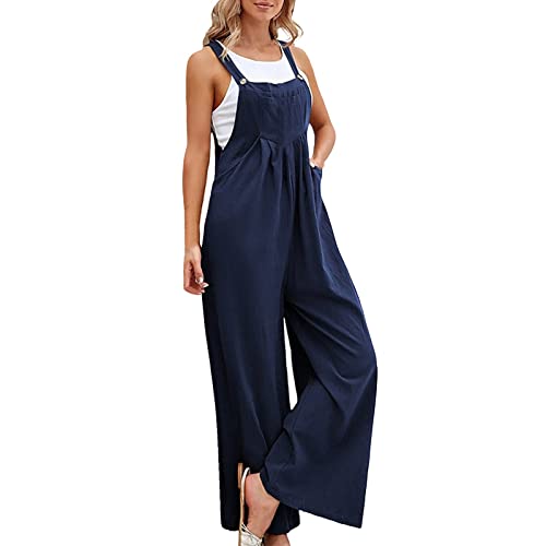 Jumpsuits Damen Sommer Elegant, Weite Bein Baggy Latzhose Damen,Einfarbiger Overall Damen Ärmellos Playsuits mit Taschen und Knöpfen Casual Einteiler Romper Strampler Locker Lässig von LOSSLO