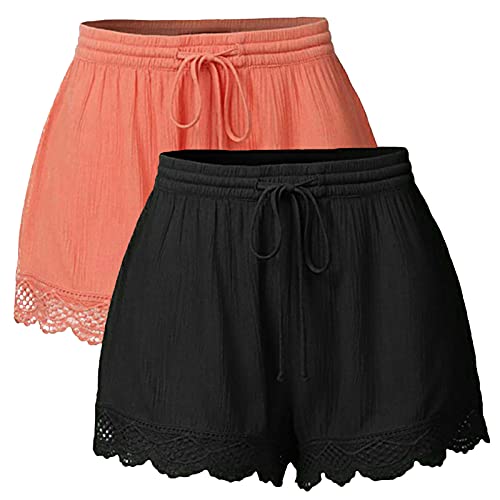 LOSSLO 2 Stück Shorts Damen Sommer -Kurze Hose Damen Strand -Spitzen Bermuda Damen Freizeitshorts Elegante Freizeit Hosen mit Spitze Weites Bein Strandshorts Elastischer Taille Hotpants für Frauen von LOSSLO