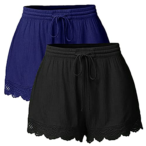 LOSSLO 2 Stück Shorts Damen Sommer -Kurze Hose Damen Strand -Spitzen Bermuda Damen Freizeitshorts Elegante Freizeit Hosen mit Spitze Weites Bein Strandshorts Elastischer Taille Hotpants für Frauen von LOSSLO