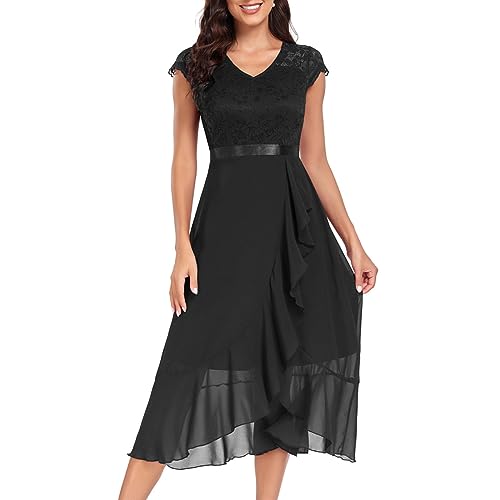 LOSSLO Abendkleid Damen Elegant, Cocktailkleid Damen Knielang,Sommerkleid Damen Festlich Chiffonkleid V Ausschnitt Kleid mit Schlitz Volantkleider Spitzenkleid Kurzarm Abendkleider Damenkleid von LOSSLO