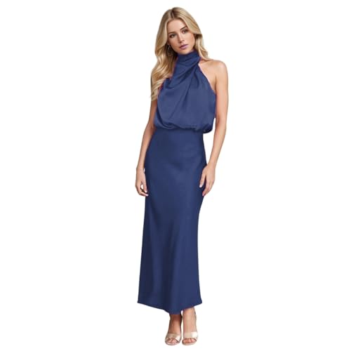 LOSSLO Abendkleid Damen Elegant, Cocktailkleid Damen Lang,Neckholder Kleid Damen Festlich Sommerkleid Off Shoulder Kleid Mode Satinkleid Schulterfreies Abendkleider Cocktailkleider Satin Kleider von LOSSLO
