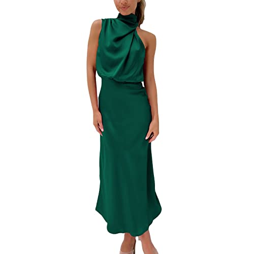 LOSSLO Abendkleid Damen Elegant, Neckholder Kleid Damen Lang,Cocktailkleid Damen Hochzeit Ärmellose Sommerkleid Kleider Hochzeitsgast Satinkleid Schulterfreies Cocktailkleider Eingarbig Abendkleider von LOSSLO