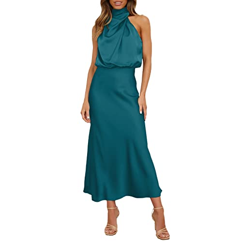 LOSSLO Abendkleid Damen Elegant - Satin Kleid Damen Lang Cocktailkleid Hochzeit Ärmellose Sommerkleid Neckholder Kleider Hochzeitsgast Satinkleid Abendkleider Schulterfreies Cocktailkleider von LOSSLO