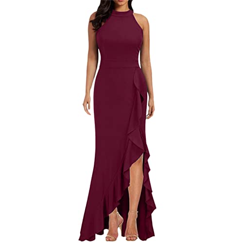 LOSSLO Abendkleid Damen Lang, Cocktailkleid Damen Elegant,Neckholder Kleid Damen Elegant Bodycon Kleid mit Schlitz Abendkleider Ärmellose Sommerkleid Rüschen Bleistiftkleid Maxikleid Abendkleider von LOSSLO
