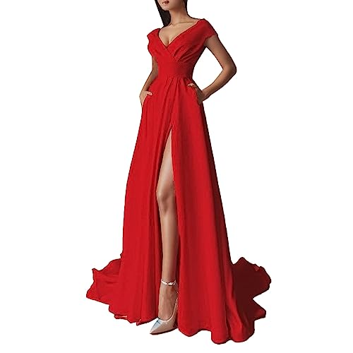 LOSSLO Abendkleid Damen Lang Damen Cocktailkleid mit Taschen Kleid Damen Elegant V-Ausschnitt Ballkleider Kurzarm Kleider Hohe Taille Abendkleider Mit Schlitz Einfarbig Maxi Lang Rüschen Partykleid von LOSSLO