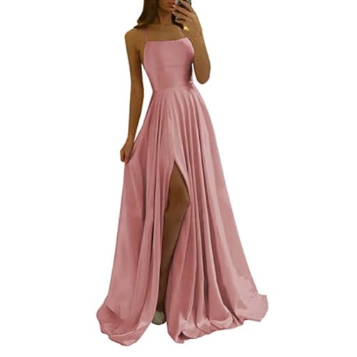 LOSSLO Abendkleider Elegant Damen - Ballkleider Damen Lang Rückenfreies kleider Sexy Spaghettiträger Kleid Satinkleid mit Schlitz Maxikleid Satin A-Linie Trägerkleid von LOSSLO