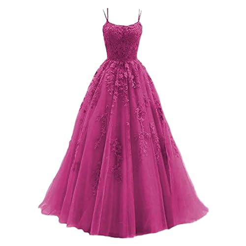 LOSSLO Ballkleider Damen Lang, Partykleid Damen Elegant,Sommerkleid Damen Maxi Spaghettiträger Kleid mit Spitze Prinzessin Swing Kleider Trägerkleid Maxikleid Spitzenkleid Abiballkleider Plisseekleid von LOSSLO
