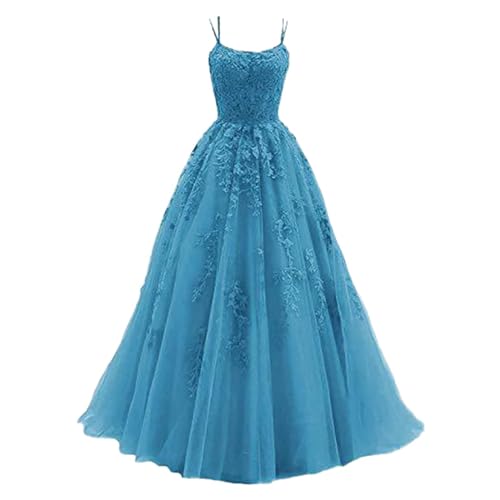 LOSSLO Ballkleider Damen Lang, Partykleid Damen Elegant,Sommerkleid Damen Maxi Spaghettiträger Kleid mit Spitze Prinzessin Swing Kleider Trägerkleid Maxikleid Spitzenkleid Abiballkleider Plisseekleid von LOSSLO