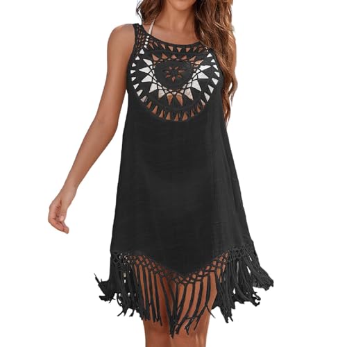 LOSSLO Bikini Cover Up Strandkleid,Fransen Strandkleider Damen Sommer,Cut Out Beach Crochet Strandponcho Strandurlaub Badeanzug Bikini Cover-Ups mit Quaste Boho Strand Tunika Kleid Bikini Beachwear von LOSSLO