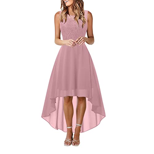 LOSSLO Damen Abendkleid Lang,Vokuhila Cocktailkleid Elegant,Abendkleider Elegant für Hochzeit Ärmellos Festliche Kleid Spitzen und Chiffon Kleider Unregelmäßiger Saum Freizeit Lose Brautjungfernkleid von LOSSLO