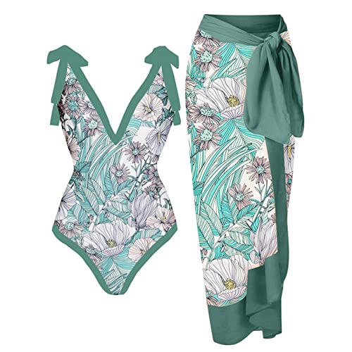 LOSSLO Damen Einteiliger Badeanzug mit Strand Cover Up,Wickelrock Damen Lang,Sarong Tuch Damen Retro Blumen Muster Tankini Bikini Set Zweiteiliger Badeanzug Bauchweg V-Ausschnitt Monokini Bademode von LOSSLO